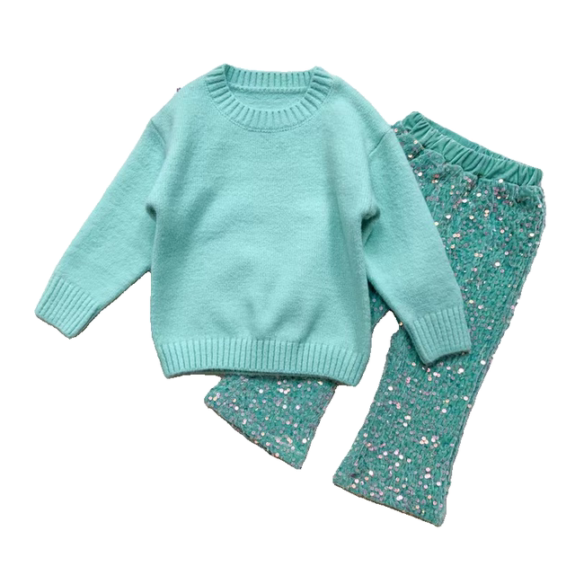 2022 autumn and winter new girls Korean version sweet solid color knitted sweater sweater color sequin flared pants two-piece suit