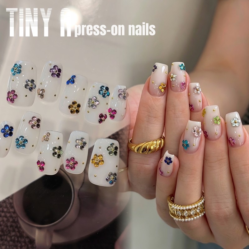 Kylie Jenner Style Diamond Flower Handmade Nails, American-Style Plastic White Nail Art for Women Kylie Jenner Style Diamond Flower Handmade Nails, American-Style Plastic White Nail Art for Women