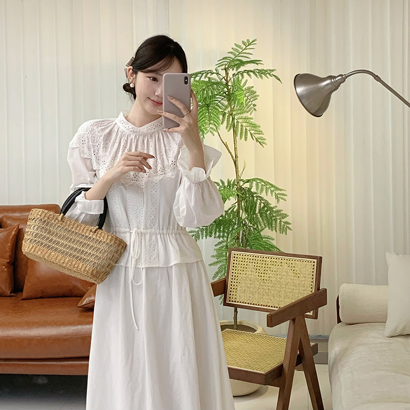 33 Is Here, Spring White Gardenia French-Style Hollow Embroidery Dress for Women, Spring White Commuter Style, Elegant Waist-Cinching Long Dress
