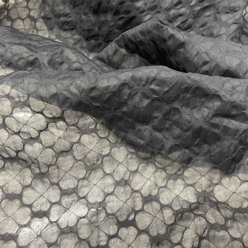 Black Four-Leaf Clover Three-Dimensional Bubble Cotton Pure Cotton Fabric with Soft Drape for Shirts and Dresses Designer Material
