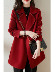 Red double-sided cashmere coat for women 2022 new autumn and winter lace-up thickened woolen commuter coat loose Korean style