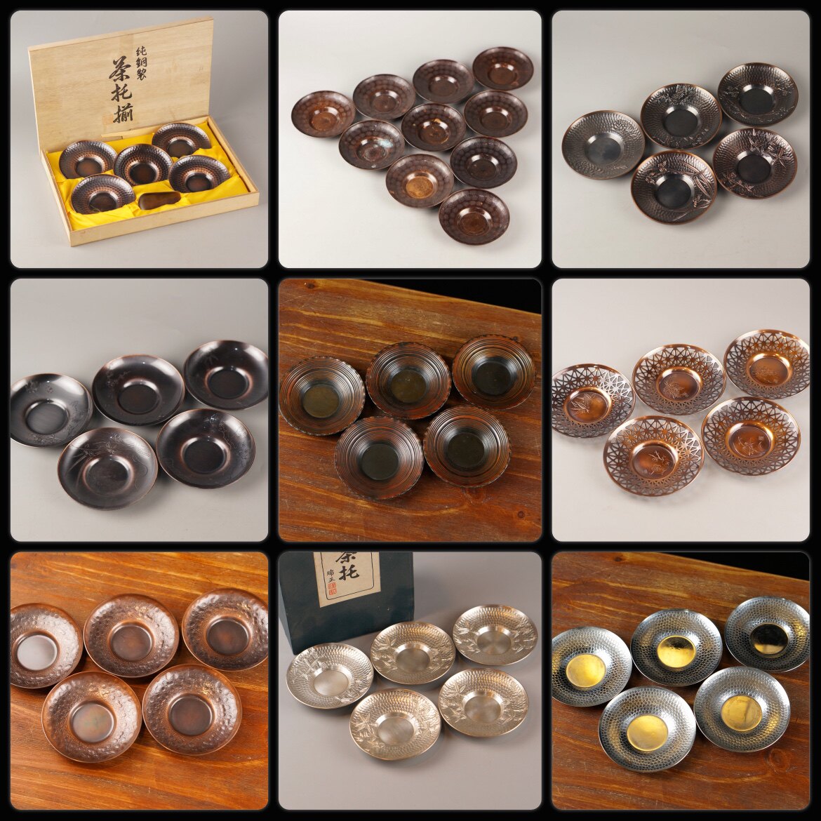 琢斎造斑紫銅製蓮葉蛙文茶托五客】 煎茶道具銅器茶器