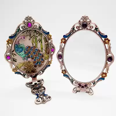 Russian vintage large makeup mirror desktop wedding beauty mirror Princess mirror Peacock hand-held single-sided embroidered mirror