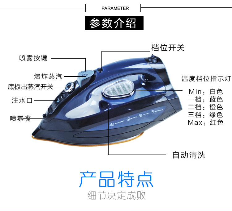 bàn ủi fujiyama fsi-107a (hơi nước)	 Điện tử mới màu đen 2500W mạnh mẽ bằng sắt Tấm đáy titan Sắt điện chống nước - Điện sắt bàn để ủi quần áo