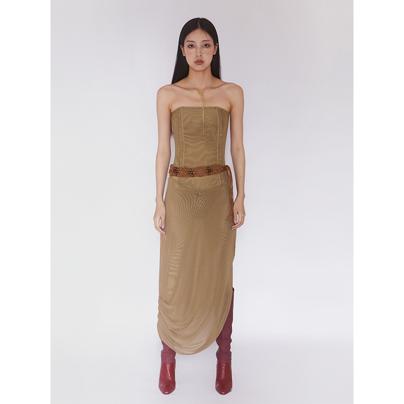 M4Onn Brown Mesh Fishbone Tube Top Dress Beaded Belt Dress