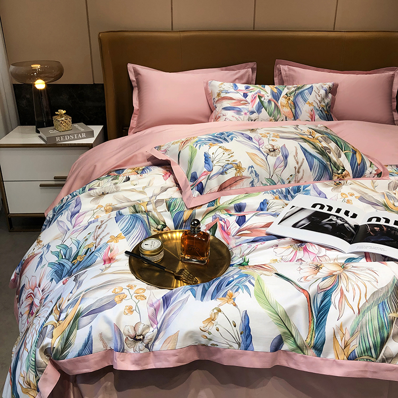 High end 60 long - fluff cotton simple light luxury high - grade satin printing autumn and winter pure cotton four - piece suite suite