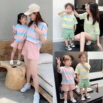 2021 Summer New Lax Strip T - shirt Shorts Mother and Child Fashion Mother and Child Clothing Two - piece Package
