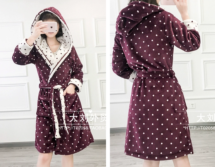 Pháp độc thân! Phụ nữ Coral Lông cừu trùm đầu polka Dot Không Tie Ren Bộ đồ ngủ dài vừa phải Áo choàng Dịch vụ tại nhà Áo choàng tắm áo choàng đôi