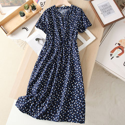 French 2022 new summer style waist-cinching temperament sweet floral slim blue dress women's mid-length shirt skirt