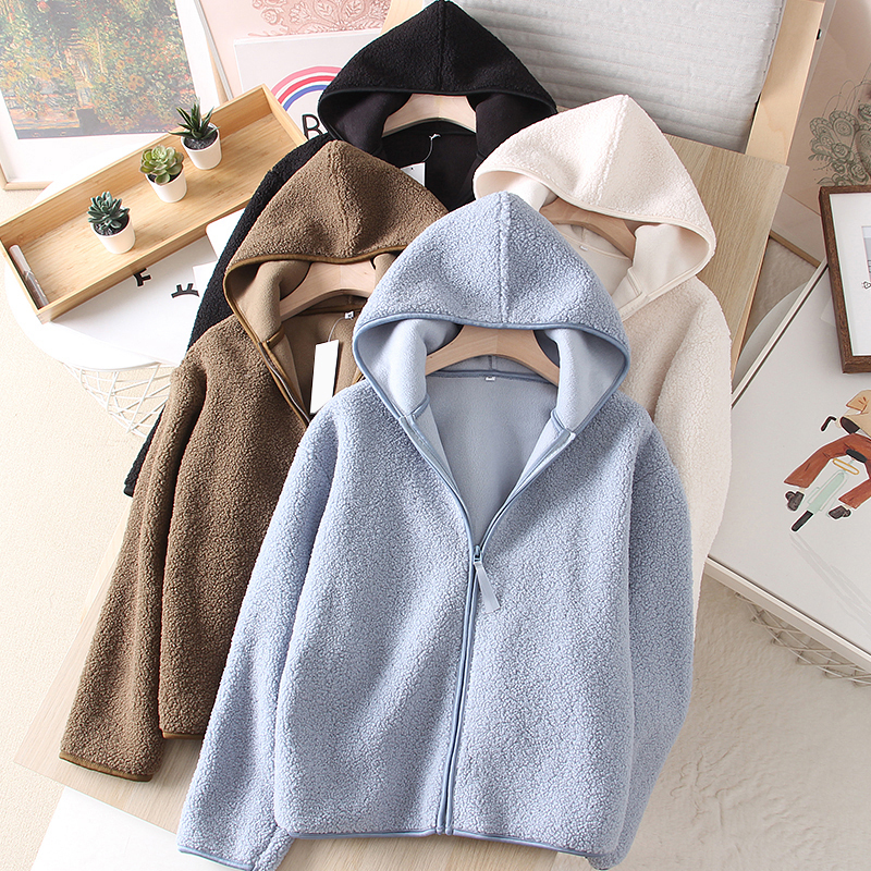 Cardigan Women's Clothing 2025 Spring, Autumn and Winter Warm and Loose Lamb Wool Polar Fleece Hooded Zipper Long-Sleeved Jacket Top