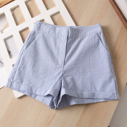 ລຽບງ່າຍແຕ່ບໍ່ເບື່ອ~ Nordic niche SF pure tail bubble gauze blue and white striped shorts for women 2022 summer