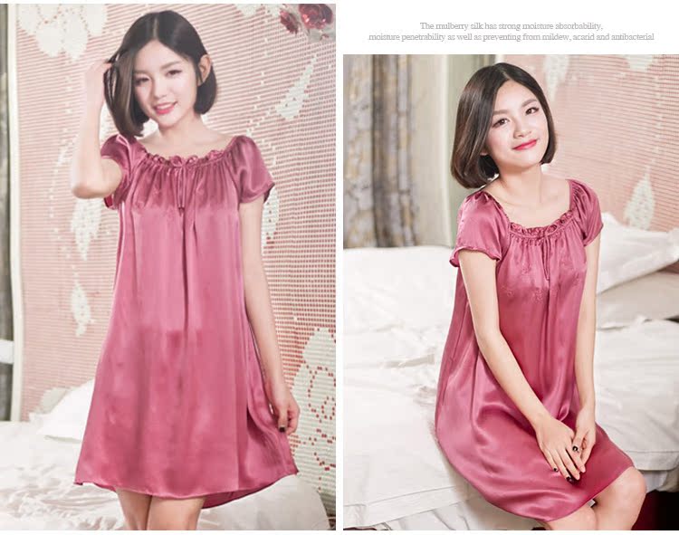 Hàng châu lụa mùa hè lụa đồ ngủ nữ 100% lụa nightdress màu rắn ngắn tay lỏng kích thước lớn dịch vụ nhà