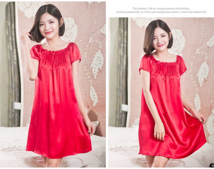 Hàng châu lụa mùa hè lụa đồ ngủ nữ 100% lụa nightdress màu rắn ngắn tay lỏng kích thước lớn dịch vụ nhà