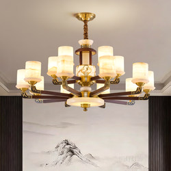 New Chinese-Style All-Copper Solid Wood Living Room Chandelier, Branch-Shaped, High-End, Elegant, Retro, with Jade Lampshade, Light Luxury Led Lighting