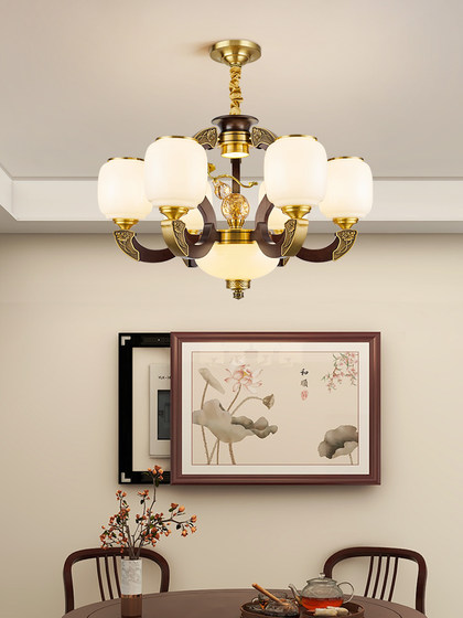 New Chinese-Style Solid Wood Chandelier, Living Room Lamp with Branch-Shaped Glass Lampshade, Copper-Colored Solid Wood, Elegant Chinese-Style High-End Lighting