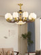 New Chinese-Style Solid Wood Chandelier, Living Room Lamp with Branch-Shaped Glass Lampshade, Copper-Colored Solid Wood, Elegant Chinese-Style High-End Lighting
