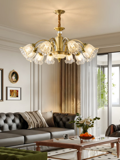 French-Style Vintage Living Room All-Copper Chandelier with Glass Lampshade, Warm and Romantic Dining Room European-Style Duplex Chandelier