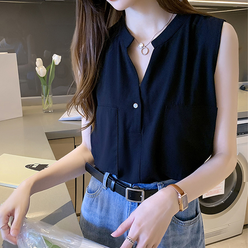Chiffon Shirt for Women, Stylish Summer Sleeveless Workwear Top, Loose Camisole, Trendy Versatile V-Neck Shirt