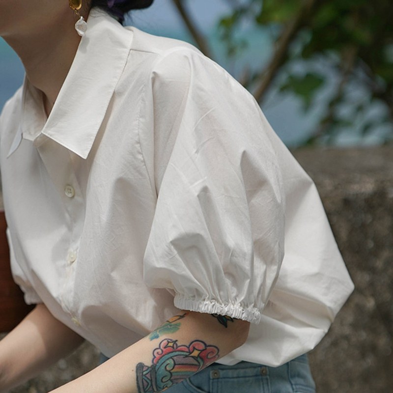 Short Sleeve White Shirt Woman Design Feel-Style Bubble Sleeves Upper Clothes Summer Loose thin Temperament Professional Shirt