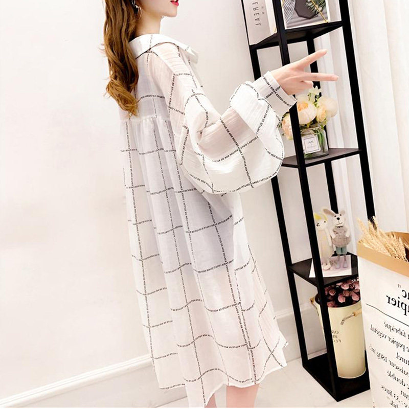 Very airy plaid sunscreen women's summer medium long version of breathable snow-spinning sunscreen shirt long sleeve open-shirt thin jacket tide