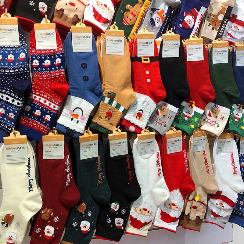 Christmas Kikiya Christmas Socks Korean Cartoon Reindeer Snowflake Santa Claus Mid-Calf Socks for Girls