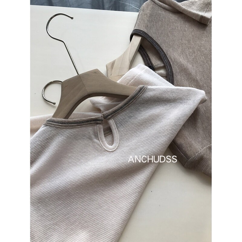 Anchudss Old Money Yarn! Imported Ultra-Fine Merino Wool Beaded Round Neck Knitted Short-Sleeve T-Shirt