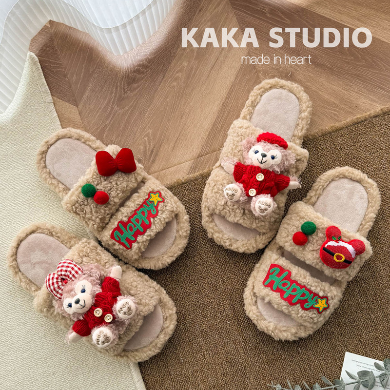 Cute Cartoon Plush Open-Toe Slippers for Couples in Their Zodiac Year, Women's Autumn and Winter Non-Slip Home Cotton Slippers for Outdoor Wear