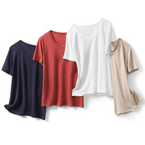 Solid color breathable linen short-sleeved t-shirt womens 2019 summer new thin loose white round v-neck top base shirt women