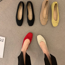 Good to wear without picking up people ~ ITSK single shoes female small scent wind square head flat bottom stretch cloth shallow mouth soft underbase bean shoes ladyshoe