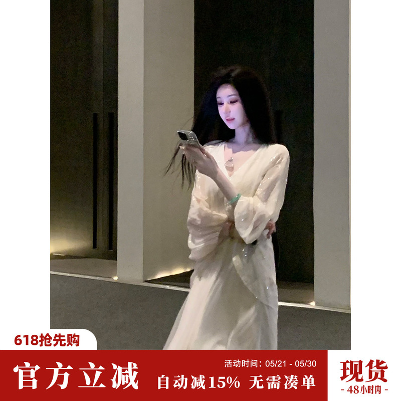 Sun Yaqiao [Golden Jade Pagoda] Spring Vintage Jacquard Loose Batwing Sleeve Fake Two-Piece Long Sleeve Dress