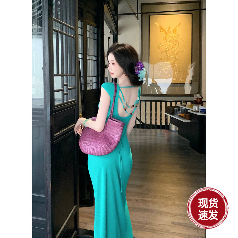 Sun Yaqiao【Peacock Lake】Summer New Short-Sleeved Backless Beaded Draped Waist-Cinching A-Line Long Dress