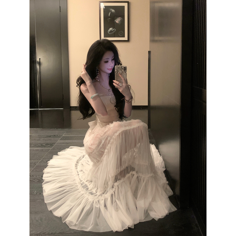 Sun Yaqiao【Elegant Thoughts】Summer Dress Sweet and Fashionable Slim-Fitting Waist-Cinching Lace Patchwork Dress Tiered Skirt