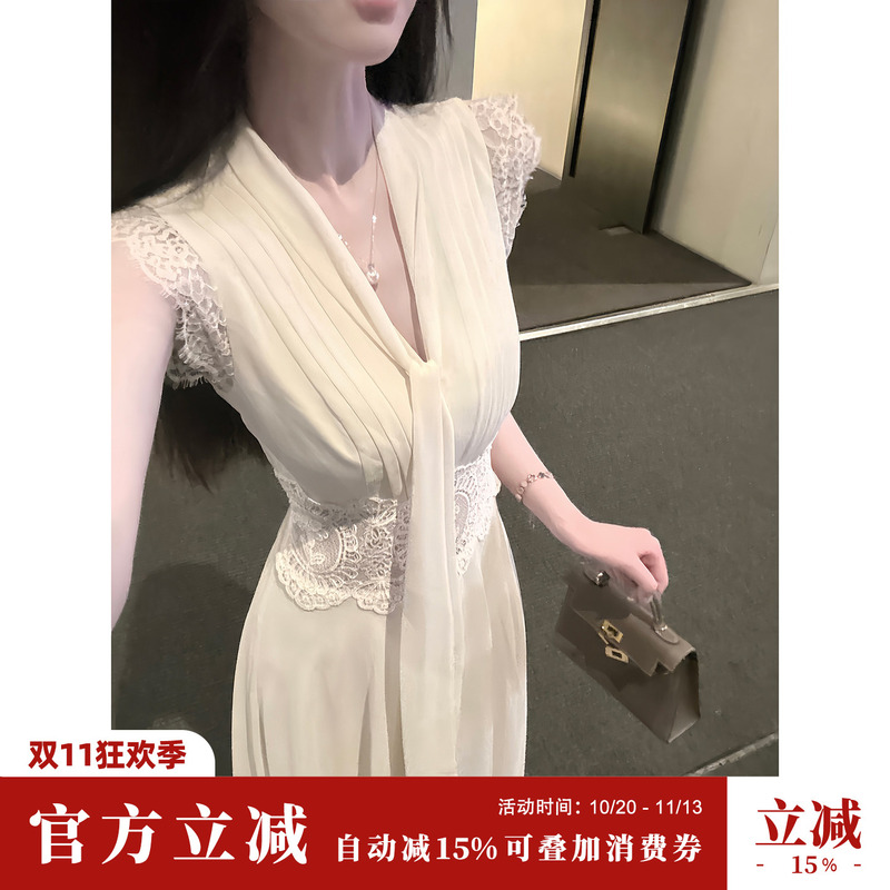 Sun Yaqiao【Loving】3 Versions/Summer Chiffon French V-Neck Ribbon Large Hem White Moonlight Dress