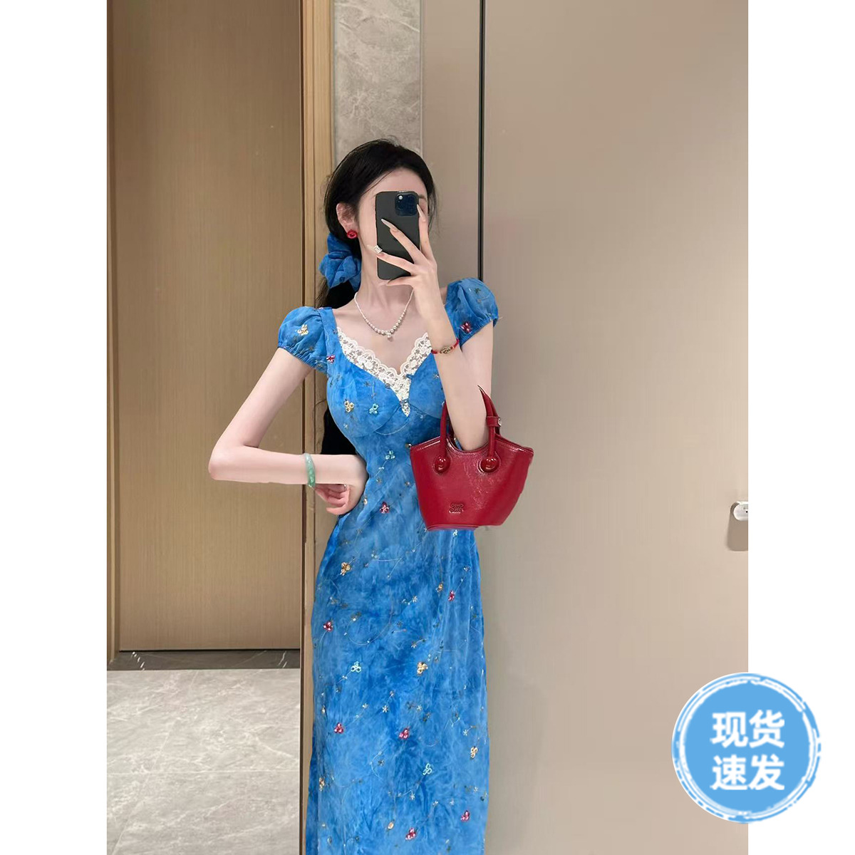 Yaqiao [Capri Blues] 夏用シフォンスリム刺繍半袖フリルスリングツーウェアワンピース