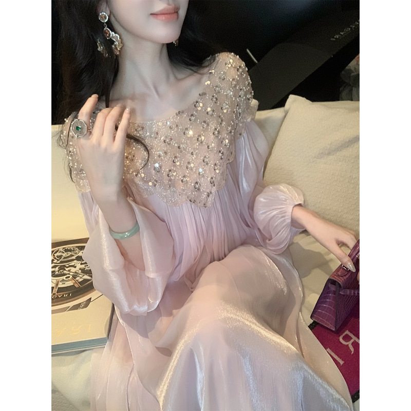 Sun Yaqiao [Starlight Landing] Heavy Beaded Sequin Lantern Sleeve Dress