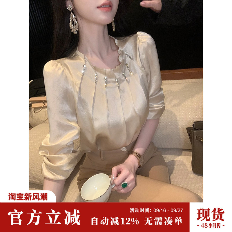 Sun Yaqiao [Elegant Style] Autumn New Shirt High-End Acetate Rhinestone Vintage Long-Sleeve Blouse Top