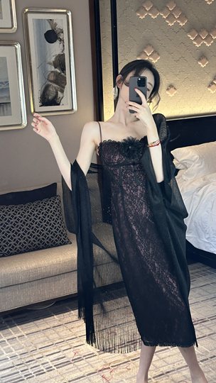 Sun Yaqiao spring and summer new lady style suspender skirt black purple lace stitching long A-line skirt dress women's clothing