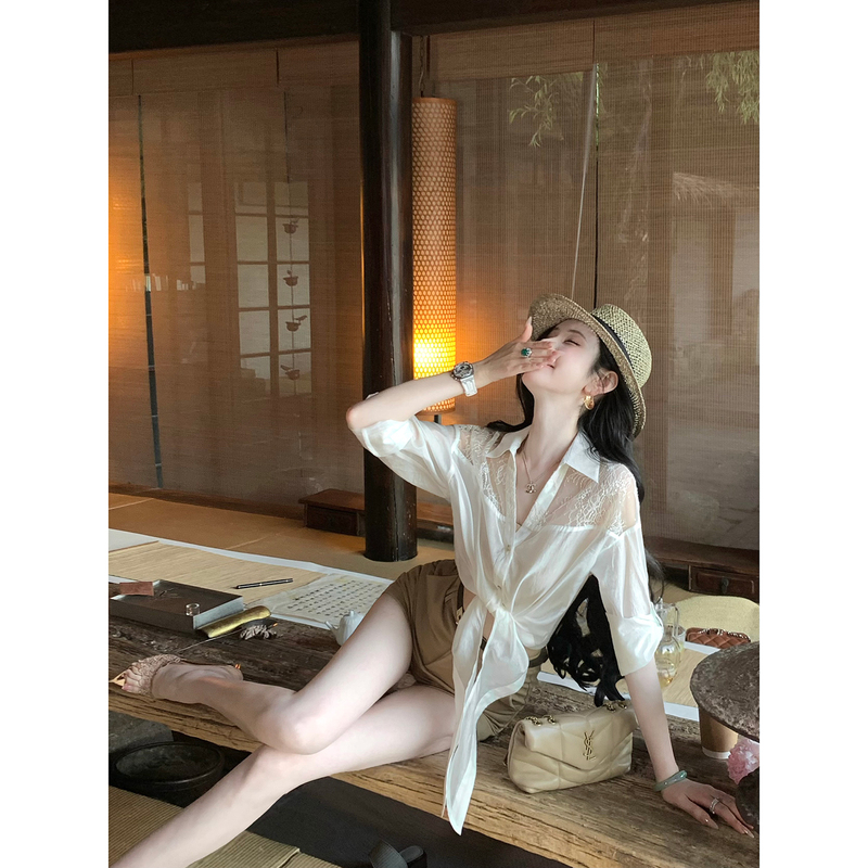 Sun Yaqiao [Peninsula White Space] Summer Long-Sleeved Shirt with Sequin Lace Splicing, Tencel Thin Shirt for Women, Stylish