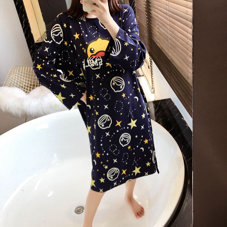 Phiên bản tiếng Hàn của váy ngủ dài tay cho bé gái có thể mặc đồ ngủ vịt con dễ thương sao sinh viên cotton mùa thu váy ngủ đầm nữ đẹp