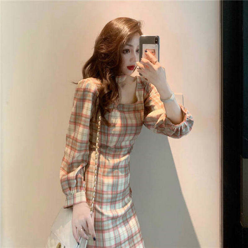Show thin women's temperament retro French spring and autumn skirt Mori Plaid Dress heart design sense slim dress