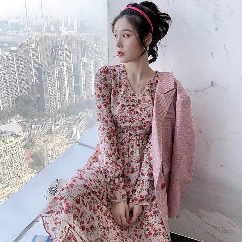 New spring and autumn fairyland V-neck Chiffon floral dress with pink high waisted maternity dress