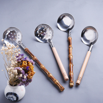 Japanese creative flower stainless steel soup spoon hotel bamboo root handle spoon Japanese sushi hot pot spoon wooden handle colander