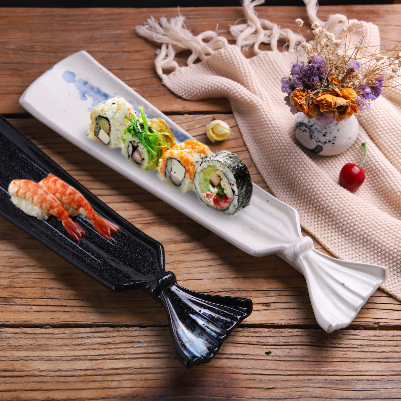 Day Style Ceramic Cutlery Creative Rectangular Fish Tail Sushi Pan Day Stock Retro Personality Black Sushi Plate Sashimi Pan