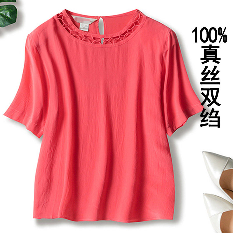 Double Crepe Shirt Female Set Head Real Silk T-shirt Woman Foreign Trade Summer Dress New Short Sleeve Hollowed-out Slim Mulberry Silk Blouse Women