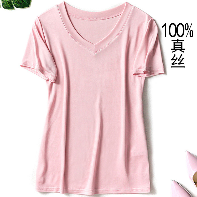 True silk T-shirt woman foreign trade spring summer new product pure color short sleeve V collar loose with thin white black mulberry silk bottom blouse