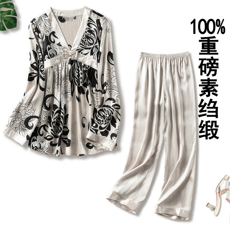 19 mln printed heavy pound real silk pajamas suit two-piece suit 100% mulberry silk vegetarian crepe satin woman long sleeve long pants