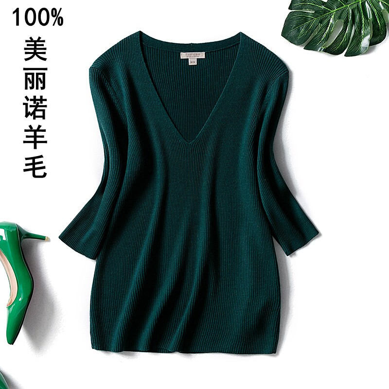 Merino wool sweater women's three-quarter sleeve knitted sweater women's V-neck bottoming shirt solid color self-cultivation foreign trade thickening sweater