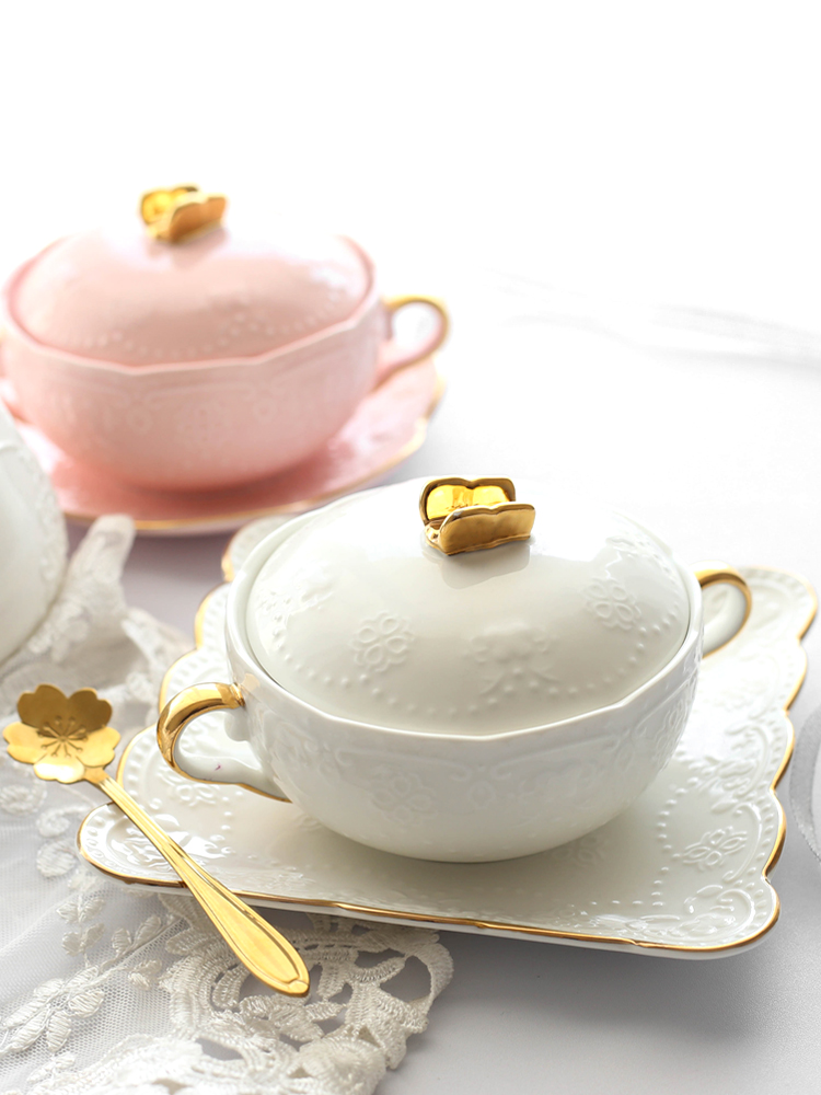 Bird's nest bowl Dessert bowl European court retro Phnom Penh binaural bowl Ceramic stew cup with lid Silver fungus bowl Soup bowl