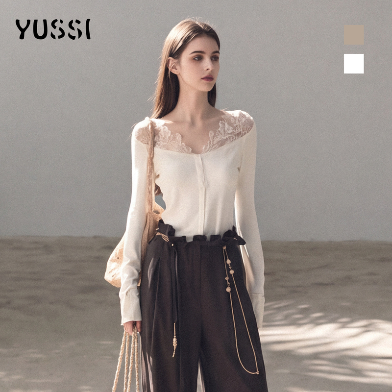 Yussi Cloudy Lace French Lace Patchwork Knit Top Autumn Women's New Off-Shoulder Slimming Blouse