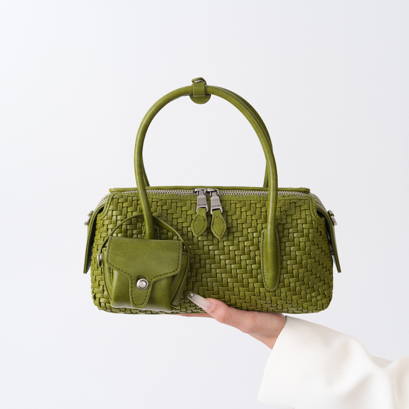 Celine Weiss Fashionable Woven Bowling Bag for Women 2026 New Stylish Versatile Casual Shoulder Crossbody Bag